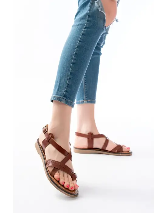 205-09 Koyu Kahve Ortopedik Hakiki Deri Kadın Sandalet