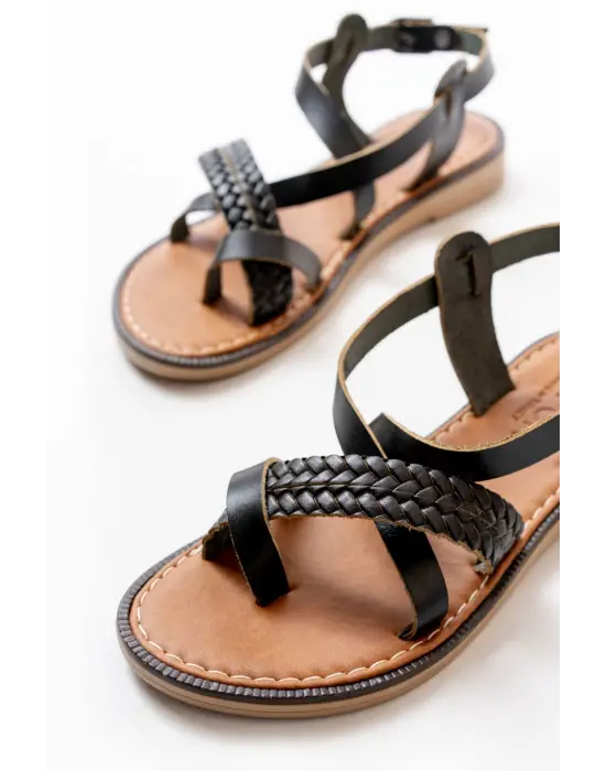 Siyah Ortopedik Hakiki Deri Kadın Sandalet