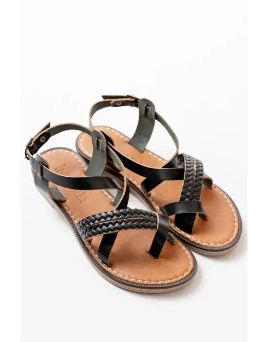 Siyah Ortopedik Hakiki Deri Kadın Sandalet