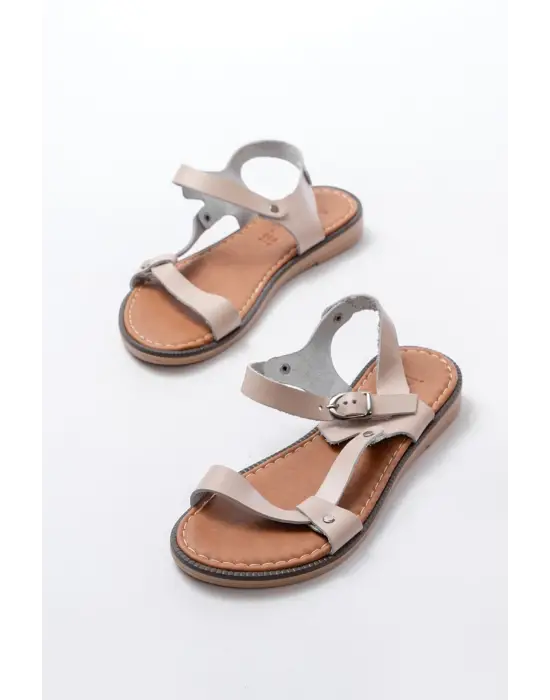 205-090 Bej Hakiki Deri Tokalı Kadın Sandalet