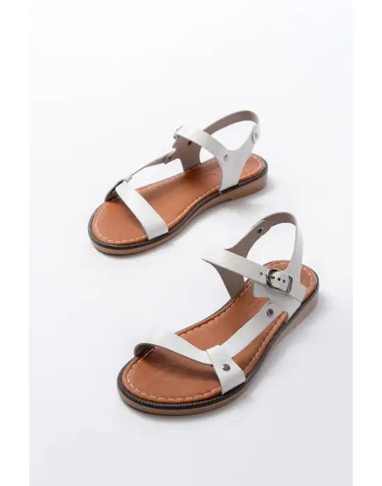 205-090 Beyaz Hakiki Deri Tokalı Kadın Sandalet
