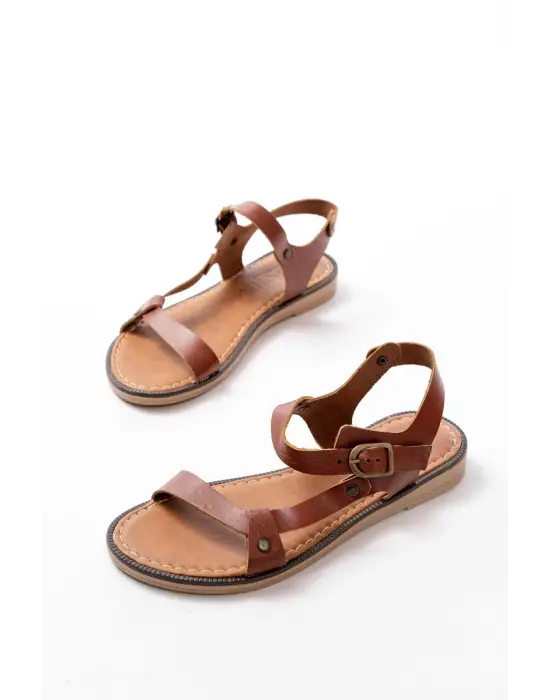 205-090 Koyu Kahve  Hakiki Deri Tokalı Kadın Sandalet