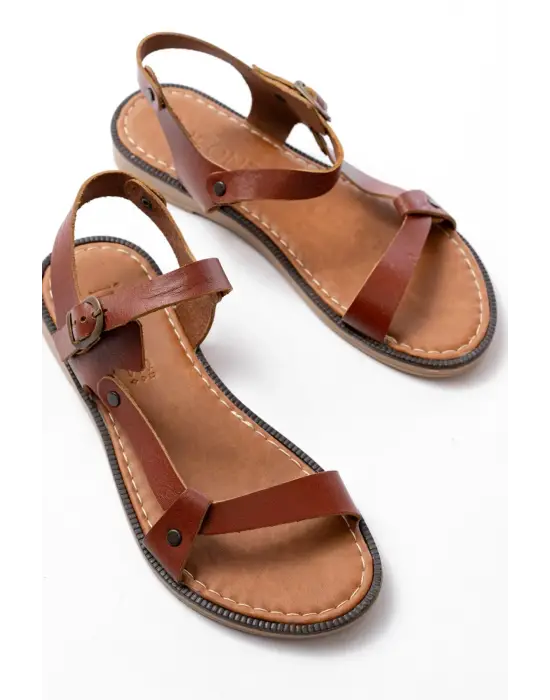 205-090 Koyu Kahve  Hakiki Deri Tokalı Kadın Sandalet