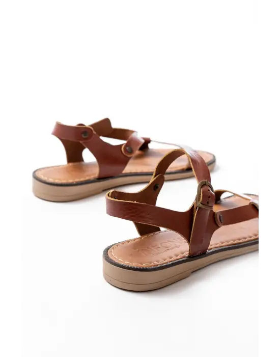 205-090 Koyu Kahve  Hakiki Deri Tokalı Kadın Sandalet