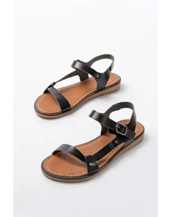 205-090 Siyah Hakiki Deri Tokalı Kadın Sandalet
