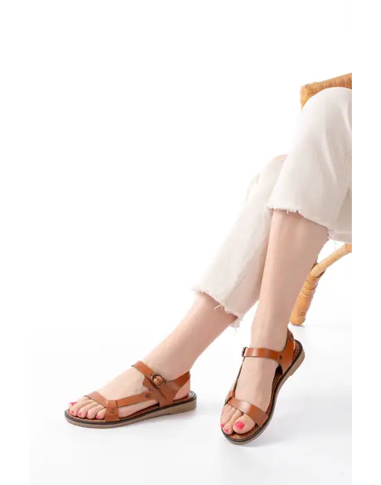 205-090 Taba  Hakiki Deri Tokalı Kadın Sandalet