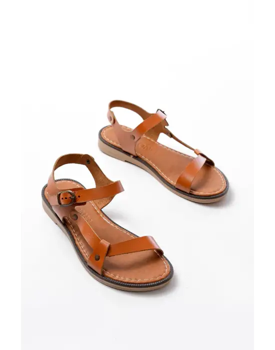 205-090 Taba  Hakiki Deri Tokalı Kadın Sandalet