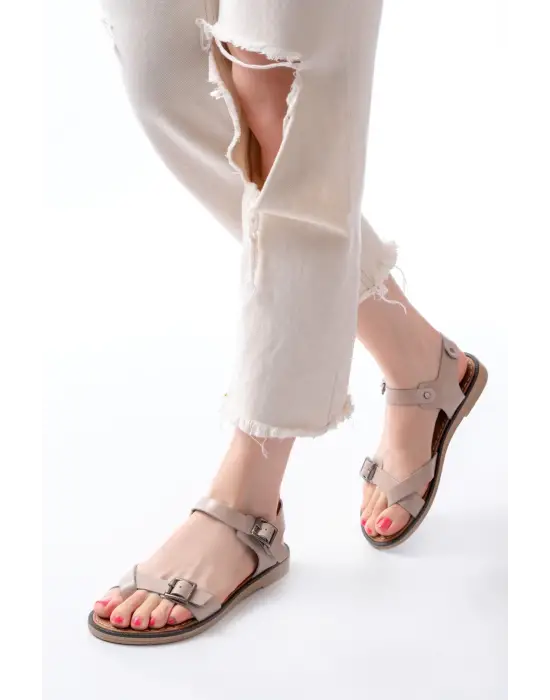 205-091 Bej Ortopedik Hakiki Deri Kadın Sandalet