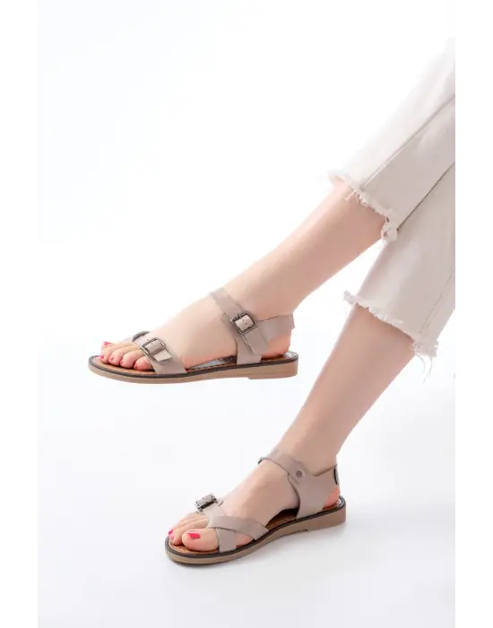 205-091 Bej Ortopedik Hakiki Deri Kadın Sandalet