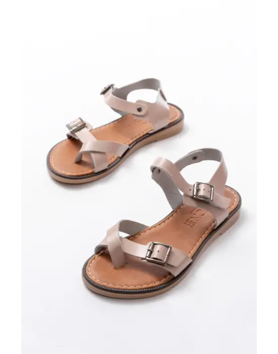 205-091 Bej Ortopedik Hakiki Deri Kadın Sandalet