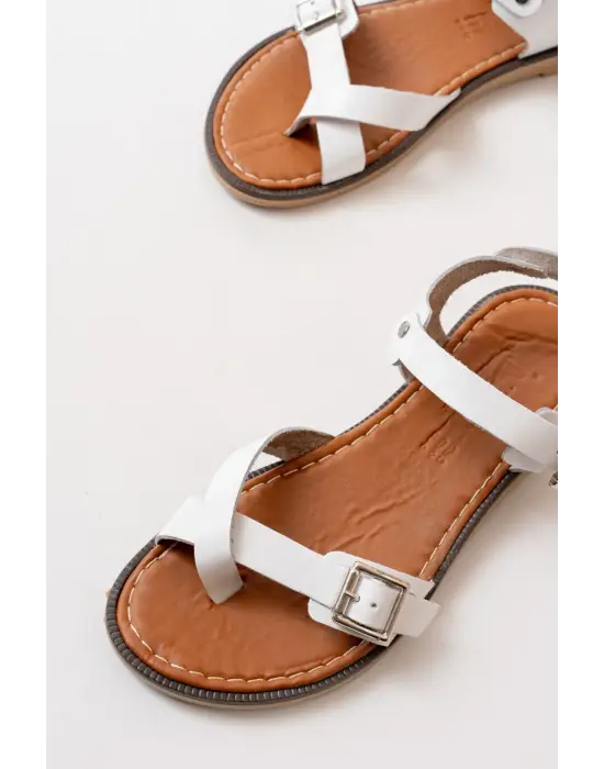 Beyaz Ortopedik Hakiki Deri Kadın Sandalet