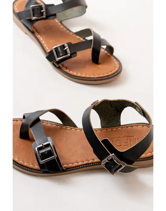 Siyah Ortopedik Hakiki Deri Kadın Sandalet