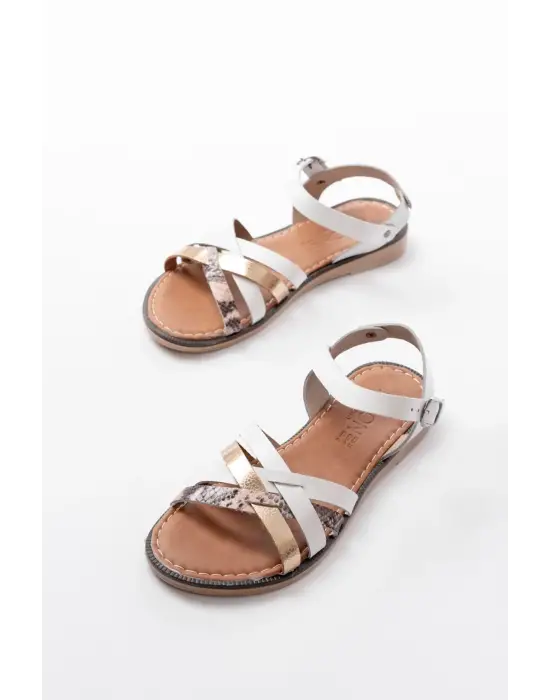 205-093 Beyaz  Garni Hakiki Deri Ortopedik Taban Kadın Sandalet