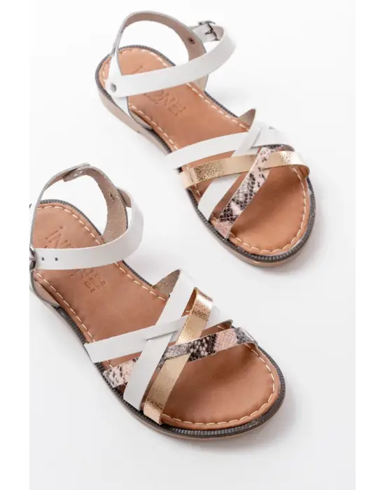 205-093 Beyaz  Garni Hakiki Deri Ortopedik Taban Kadın Sandalet