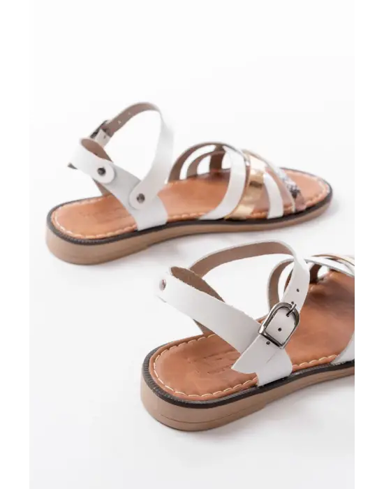 205-093 Beyaz  Garni Hakiki Deri Ortopedik Taban Kadın Sandalet