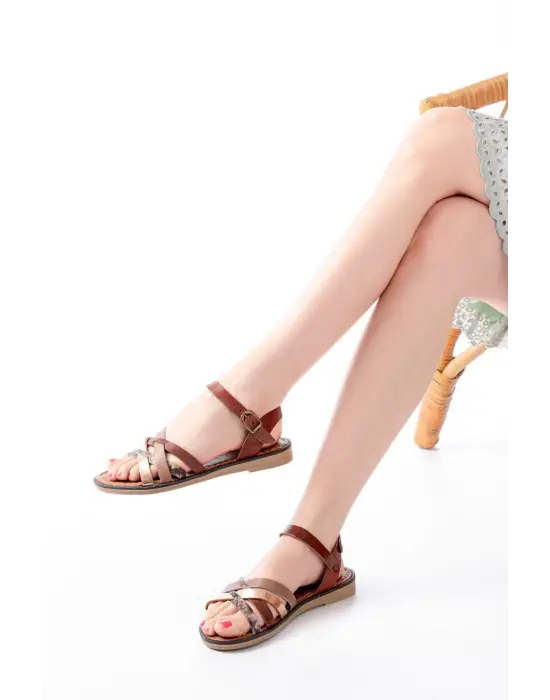 205-093 Koyu Kahve Garni Hakiki Deri Ortopedik Taban Kadın Sandalet