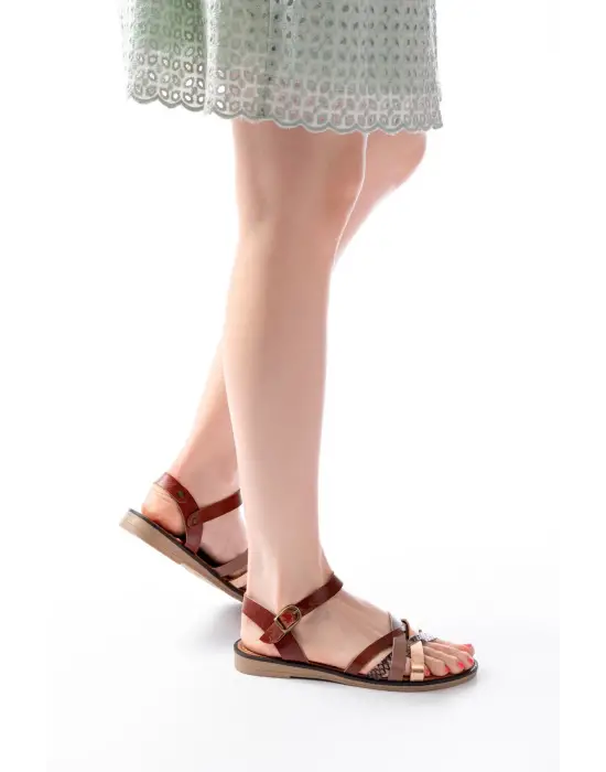 205-093 Koyu Kahve Garni Hakiki Deri Ortopedik Taban Kadın Sandalet