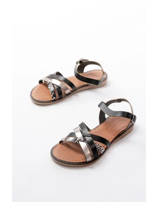 205-093 Siyah Garni Hakiki Deri Ortopedik Taban Kadın Sandalet