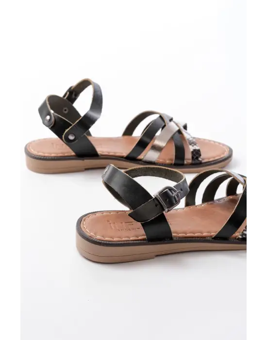 205-093 Siyah Garni Hakiki Deri Ortopedik Taban Kadın Sandalet
