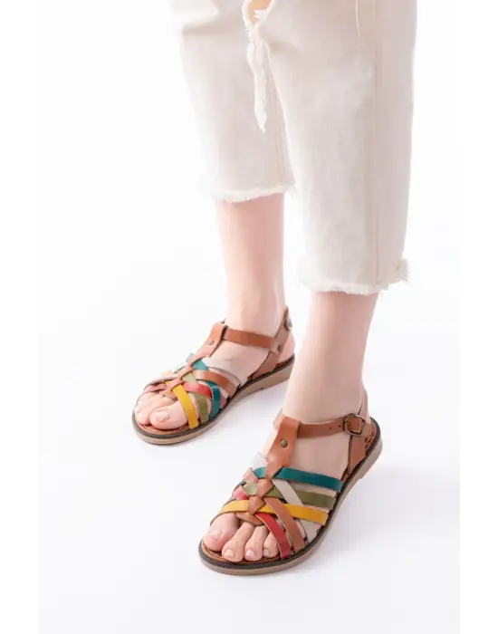 205-208 Multi Hakiki Deri Ortopedik Taban Kadın Sandalet