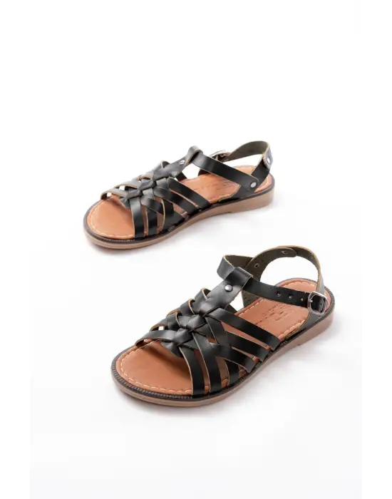 205-208 Siyah Hakiki Deri Ortopedik Taban Kadın Sandalet