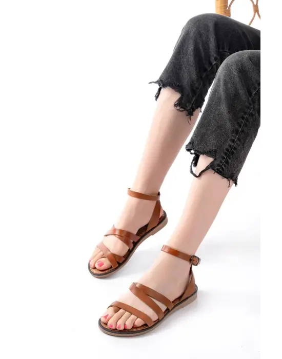 205-209 Taba  Hakiki Deri Tokalı Parmak Arası Kadın Sandalet