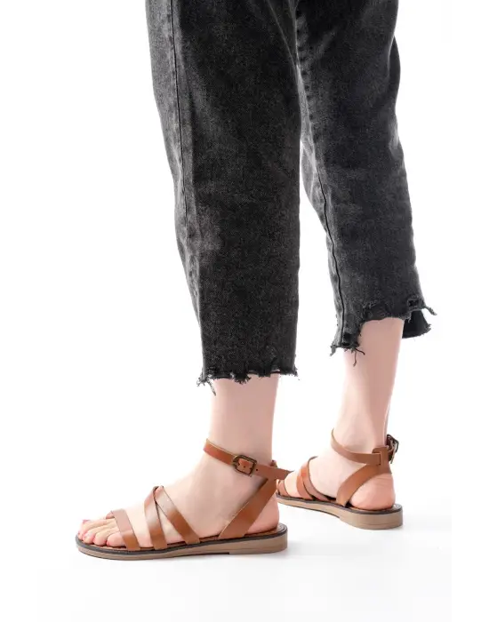 205-209 Taba  Hakiki Deri Tokalı Parmak Arası Kadın Sandalet