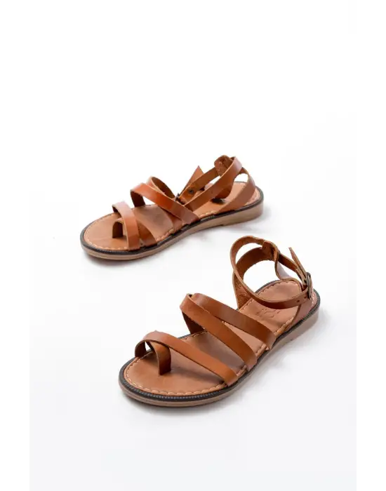 205-209 Taba  Hakiki Deri Tokalı Parmak Arası Kadın Sandalet