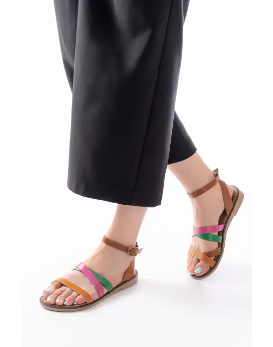 205-209 Turuncu Multi  Hakiki Deri Tokalı Parmak Arası Kadın Sandalet