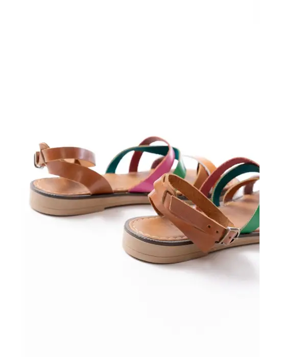 205-209 Turuncu Multi  Hakiki Deri Tokalı Parmak Arası Kadın Sandalet