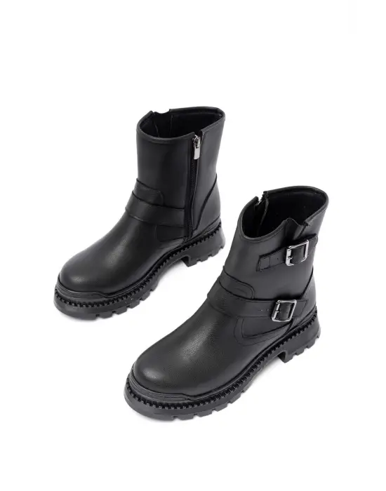 Siyah Tokalı Düz Topuklu Tokalı Fermuarlı Günlük Kadın Bot