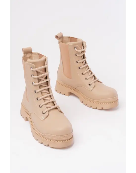 Bej Düz Topuklu Bağcıklı Lastikli Günlük Kadın Bot