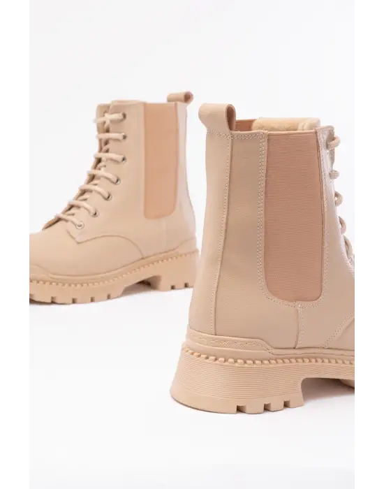 Bej Düz Topuklu Bağcıklı Lastikli Günlük Kadın Bot