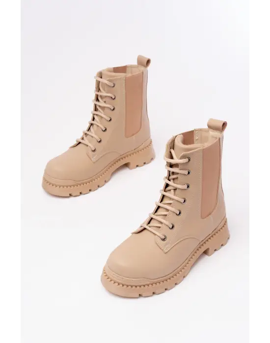 Bej Düz Topuklu Bağcıklı Lastikli Günlük Kadın Bot