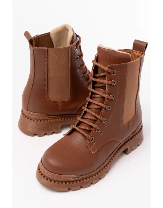 Taba Düz Topuklu Bağcıklı Lastikli Günlük Kadın Bot