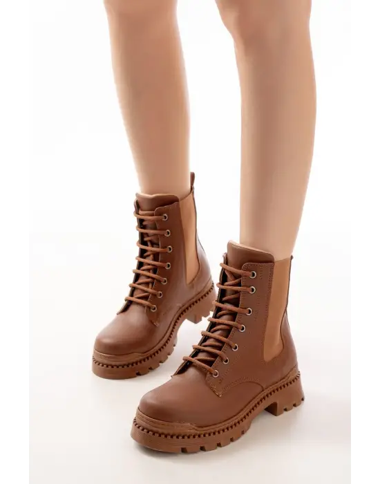 Taba Düz Topuklu Bağcıklı Lastikli Günlük Kadın Bot