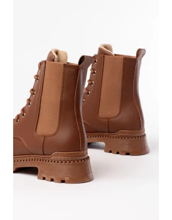 Taba Düz Topuklu Bağcıklı Lastikli Günlük Kadın Bot