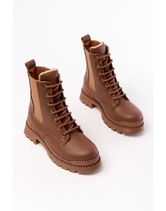 Taba Düz Topuklu Bağcıklı Lastikli Günlük Kadın Bot