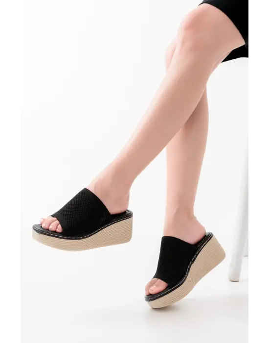 Siyah Triko Günlük Ortopedik Dolgu Topuk Kadın Terlik
