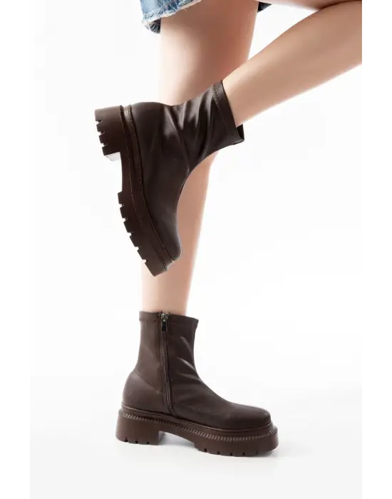 Kahve Streç Fermuarlı Günlük Kadın Bot