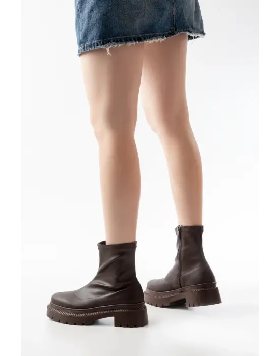 Kahve Streç Fermuarlı Günlük Kadın Bot