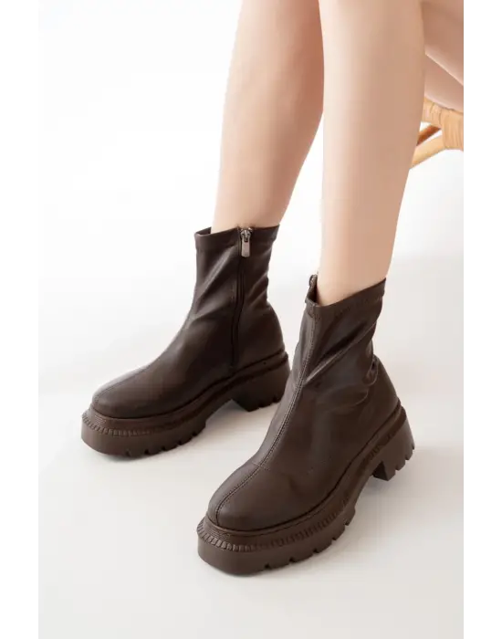 Kahve Streç Fermuarlı Günlük Kadın Bot