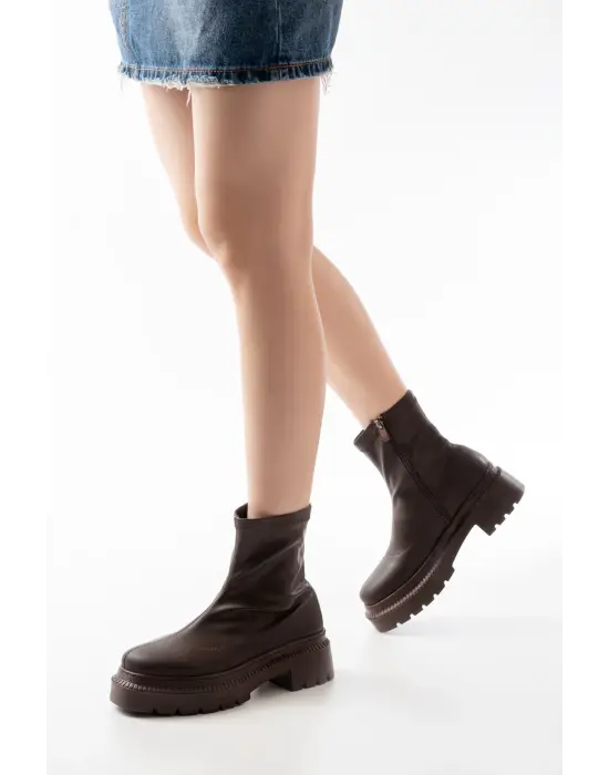 Kahve Streç Fermuarlı Günlük Kadın Bot