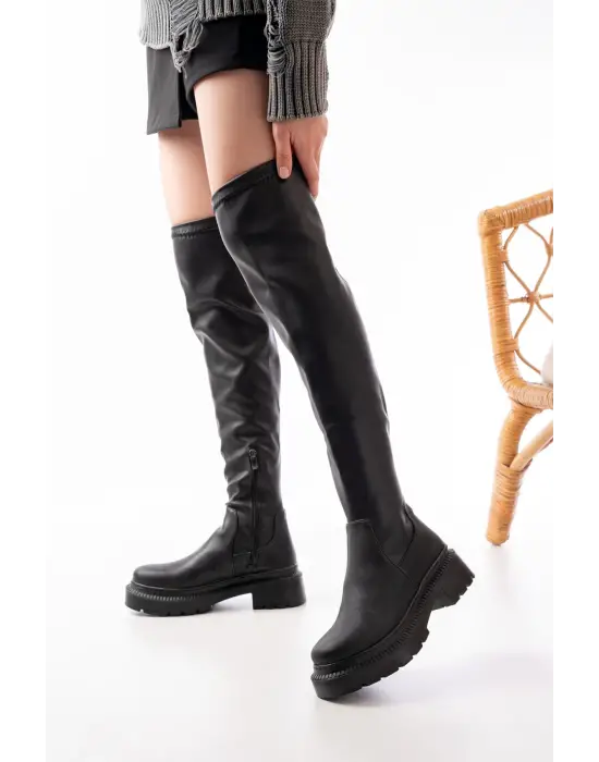 Siyah Streç Diz Üstü Fermuarlı Günlük Kadın Çizme