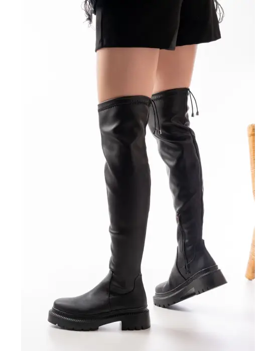 Siyah Streç Diz Üstü Fermuarlı Günlük Kadın Çizme