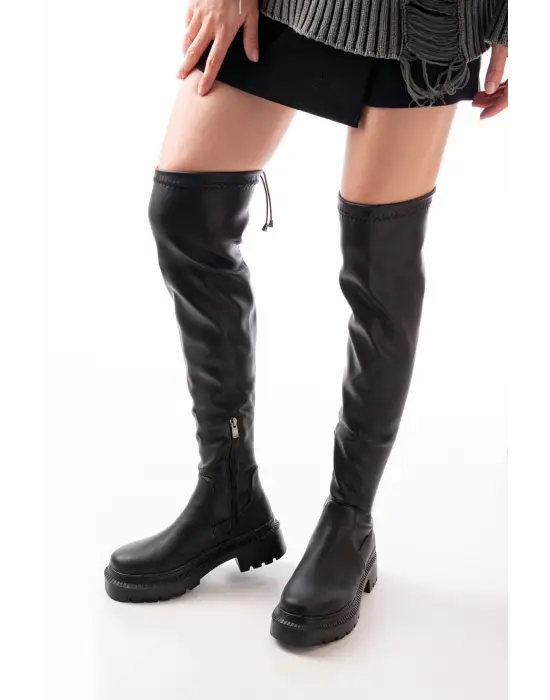 Siyah Streç Diz Üstü Fermuarlı Günlük Kadın Çizme