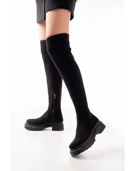 Siyah Süet Streç Diz Üstü Fermuarlı Günlük Kadın Çizme