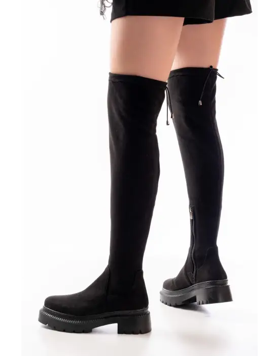 Siyah Süet Streç Diz Üstü Fermuarlı Günlük Kadın Çizme