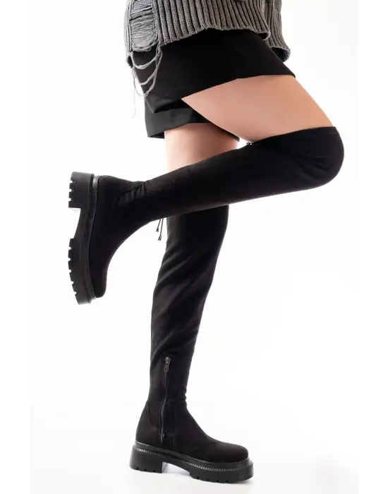 Siyah Süet Streç Diz Üstü Fermuarlı Günlük Kadın Çizme