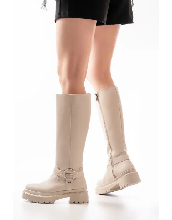 236-3021 Bej Fermuarlı Günlük Kadın Çizme